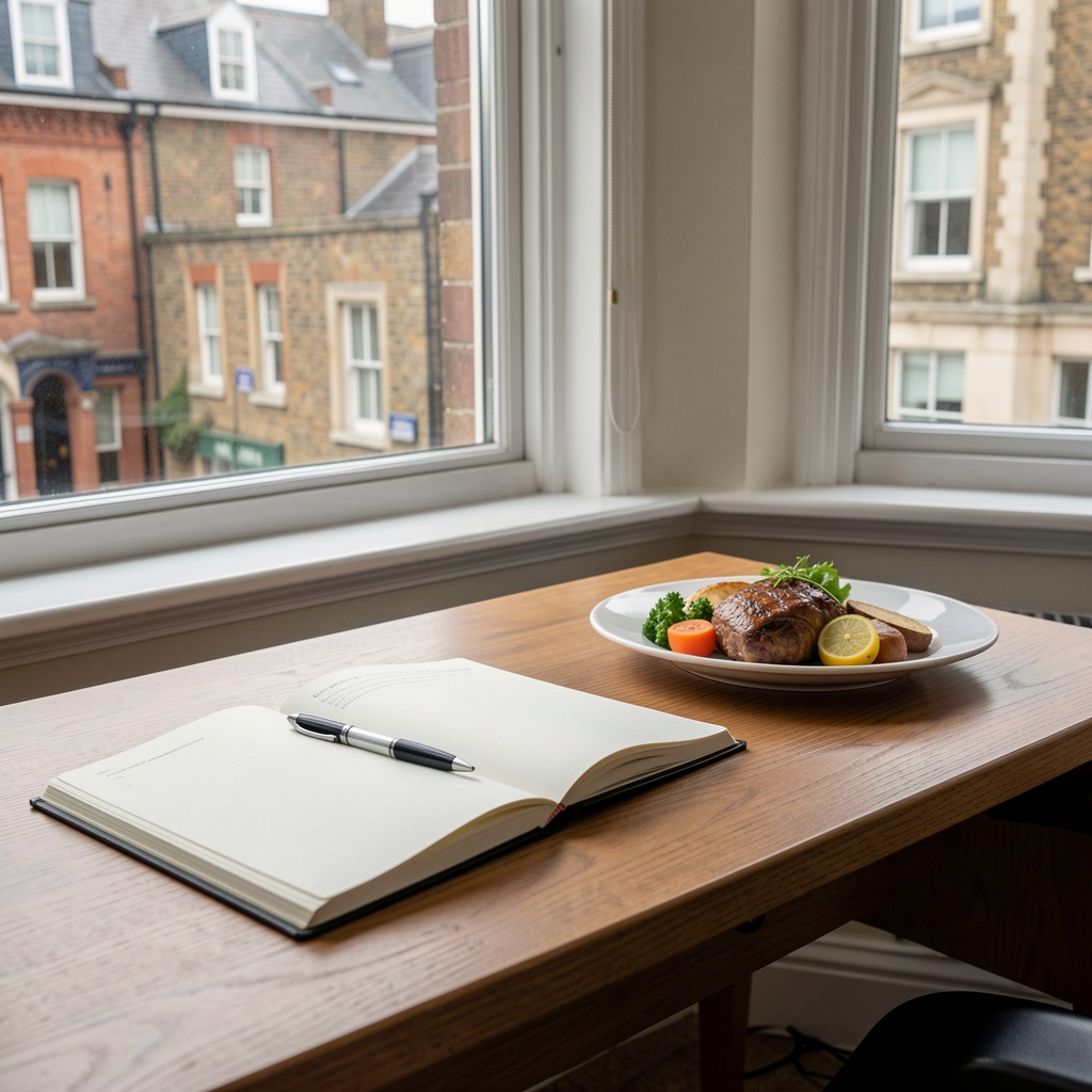 Editorial desk with open notebook, pen and balanced meal beside a window in Cardiff — Stalvel editorial