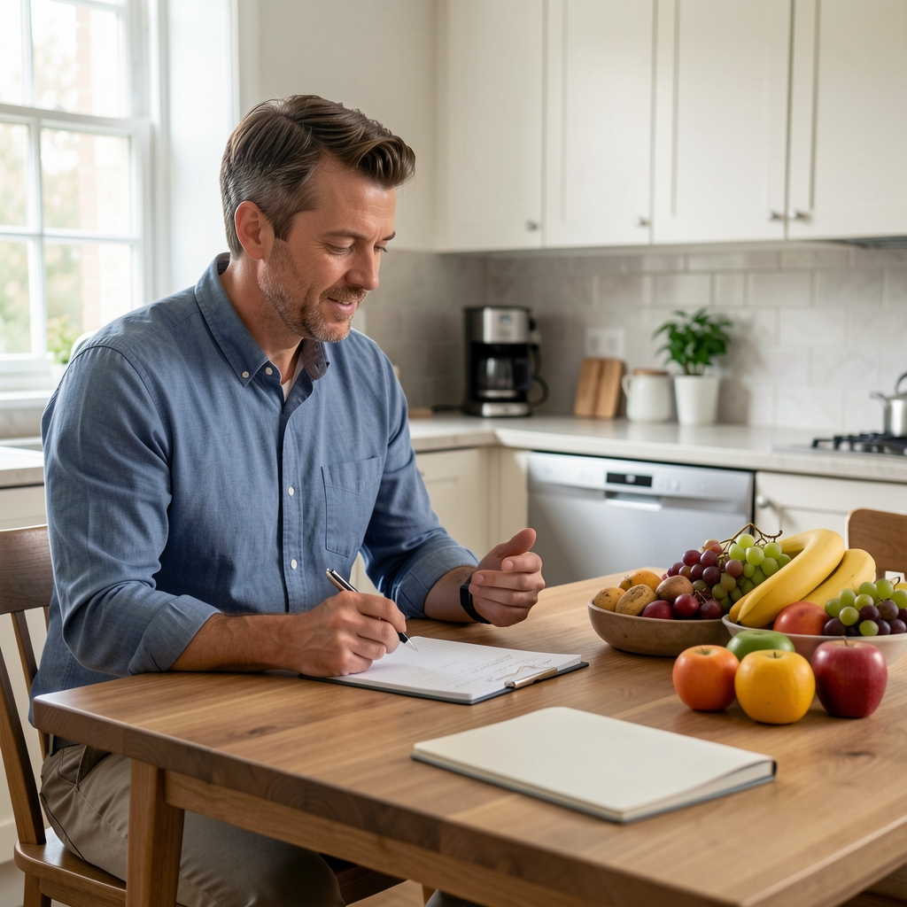 Adult man reviewing a weekly routine beside a kitchen table with fruit and a notebook — Stalvel editorial