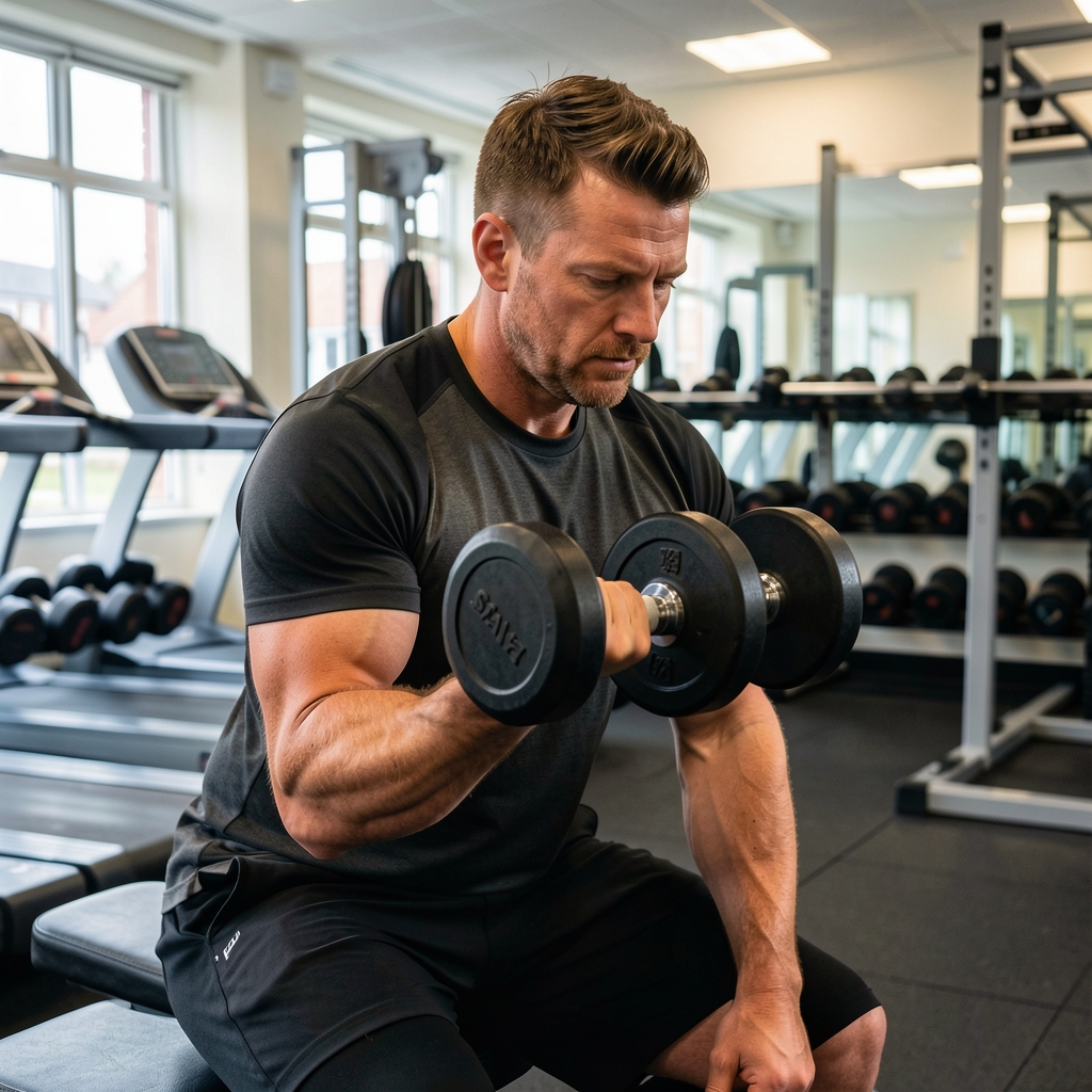 Adult man doing a controlled dumbbell exercise in a modest Cardiff gym — Stalvel editorial