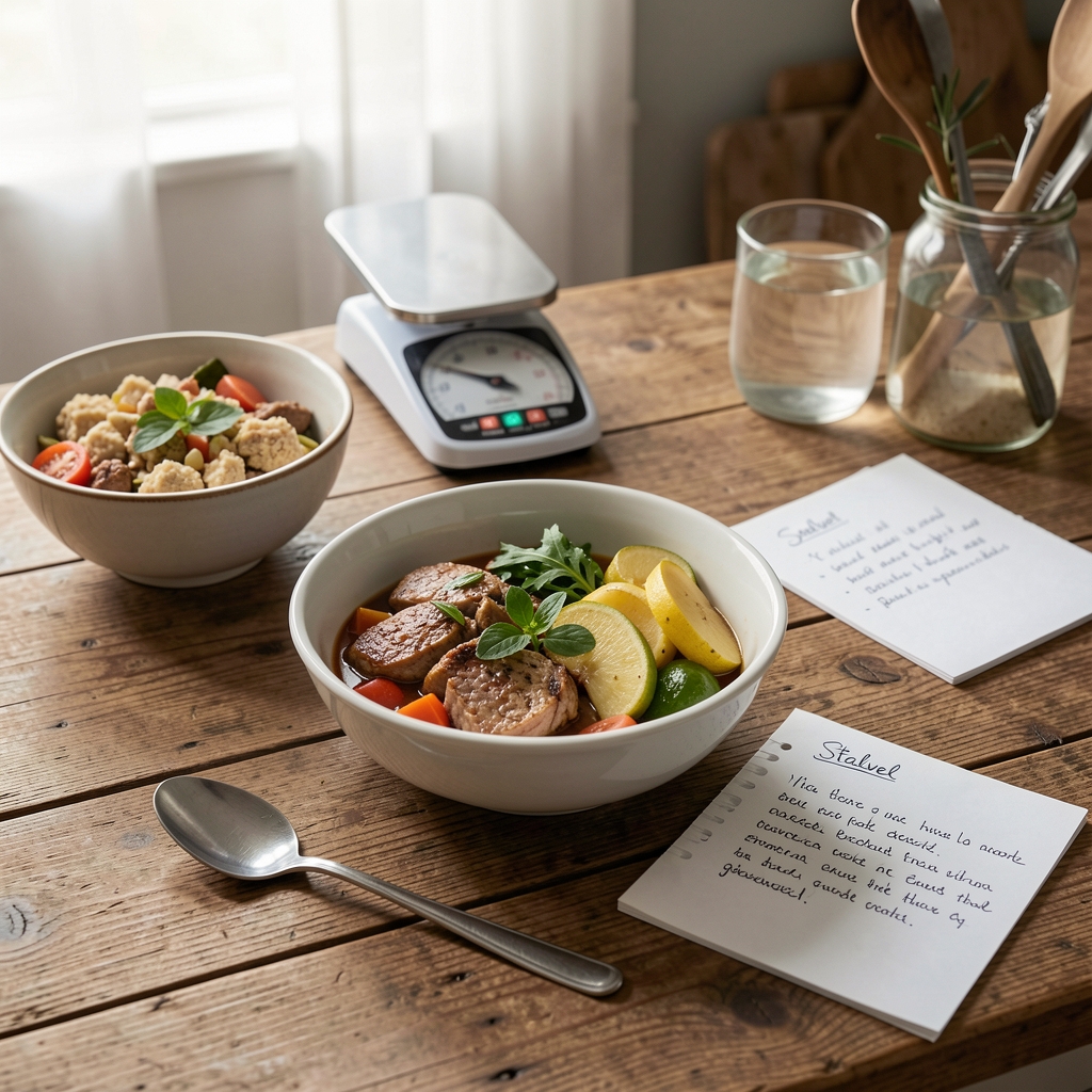 Balanced home meal, kitchen scales and handwritten food notes on a wooden table — Stalvel editorial