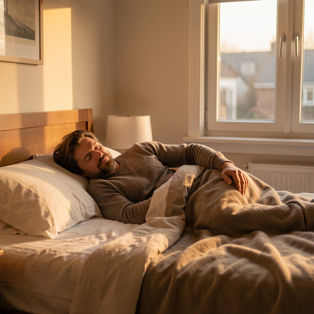 Man preparing to rest in a quiet bedroom after a long working day, warm evening light — Stalvel editorial