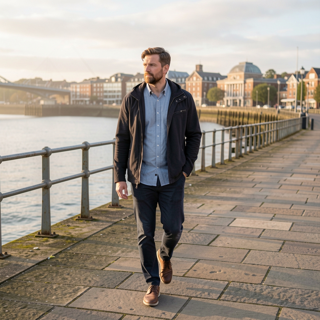 Man walking along a Cardiff waterfront in soft morning light, thoughtful editorial wellness scene — Stalvel editorial