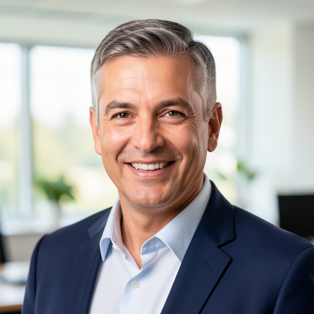 Portrait of a man in his forties with short greying hair, smiling in a bright office setting