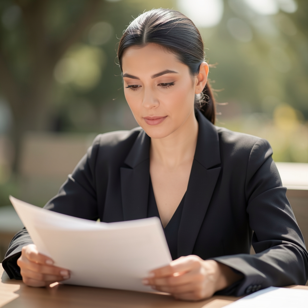 Portrait of a woman with dark hair tied back, reviewing papers at a desk in daylight
