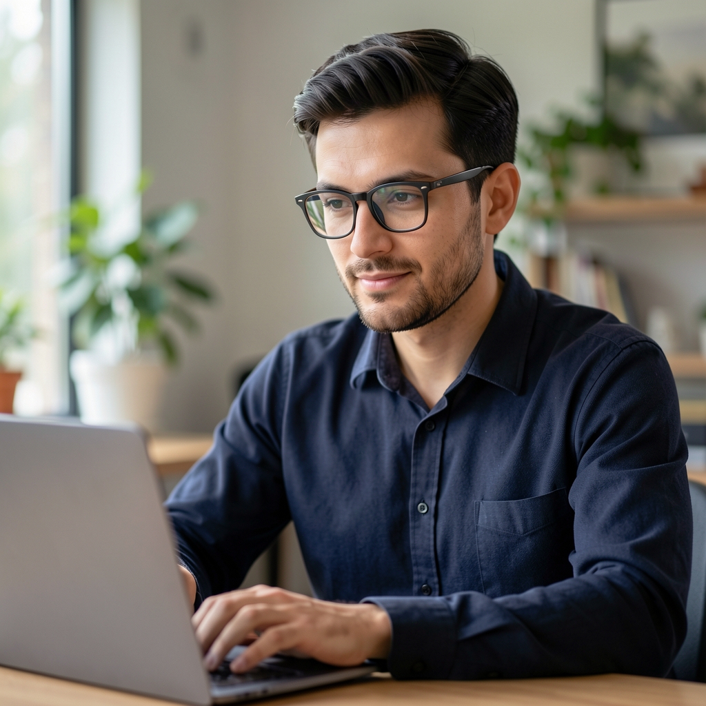 Portrait of a man with glasses working on a laptop in a calm home office