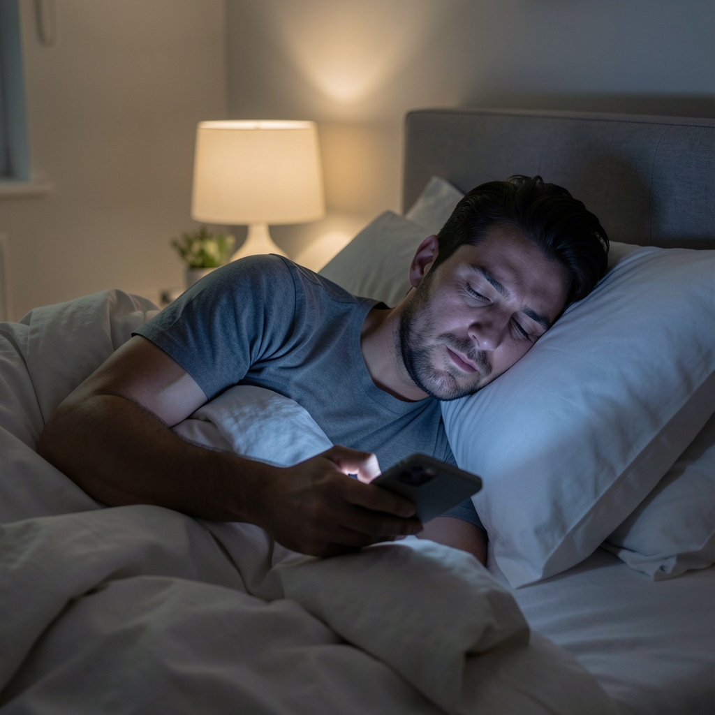 Man lying awake in bed at night looking at a phone screen, dim bedroom lighting